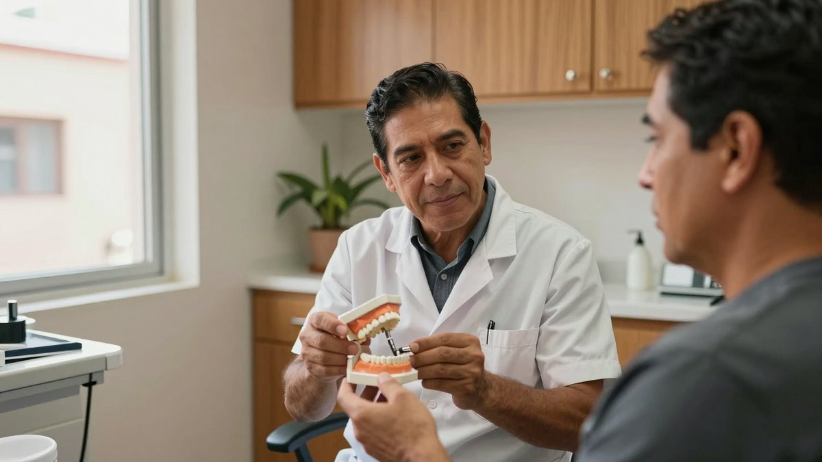 Dentista mexicano explica un implante con un modelo de mandíbula a un paciente en consultorio