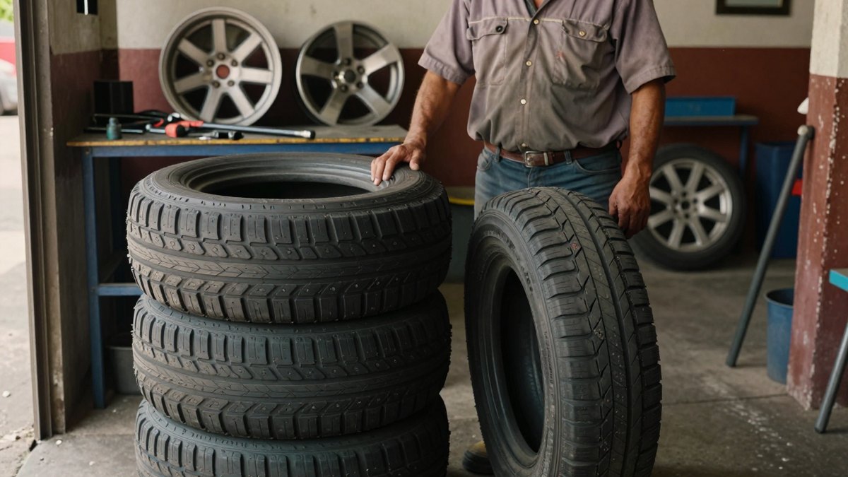 Mecánico de taller mexicano junto a cuatro llantas nuevas apiladas, con rines al fondo
