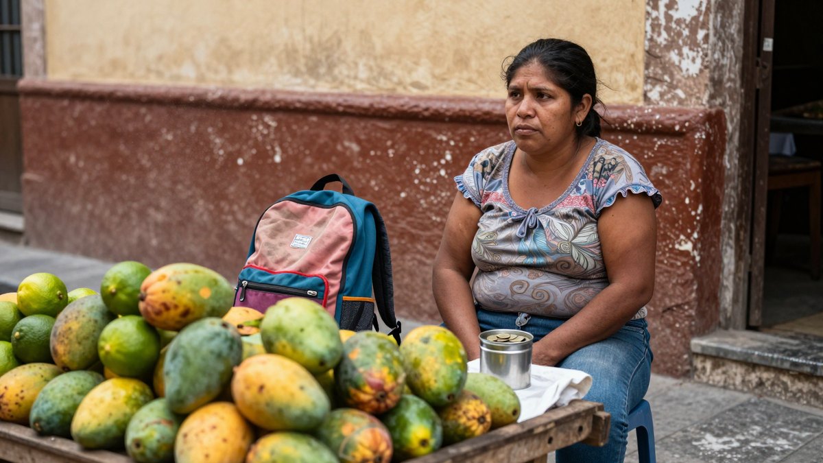 Vendedora de mangos en una esquina de México junto a una mochila escolar desgastada y una lata de monedas