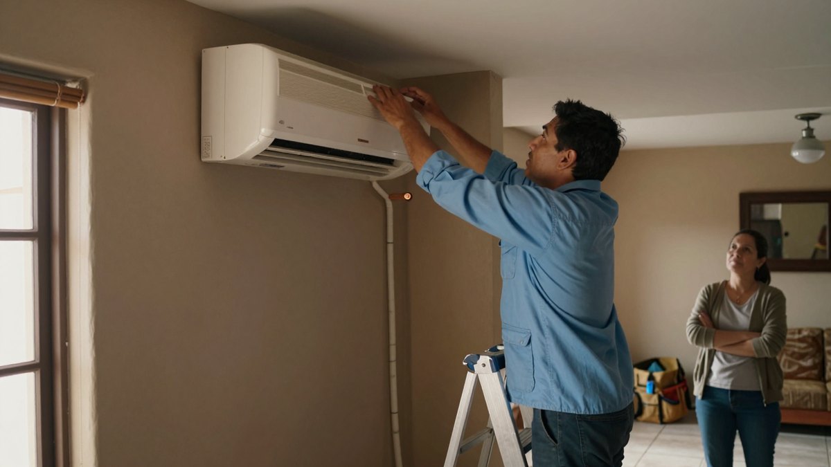 Técnico con camisa azul sobre escalera instala un minisplit blanco en la sala mientras una mujer observa