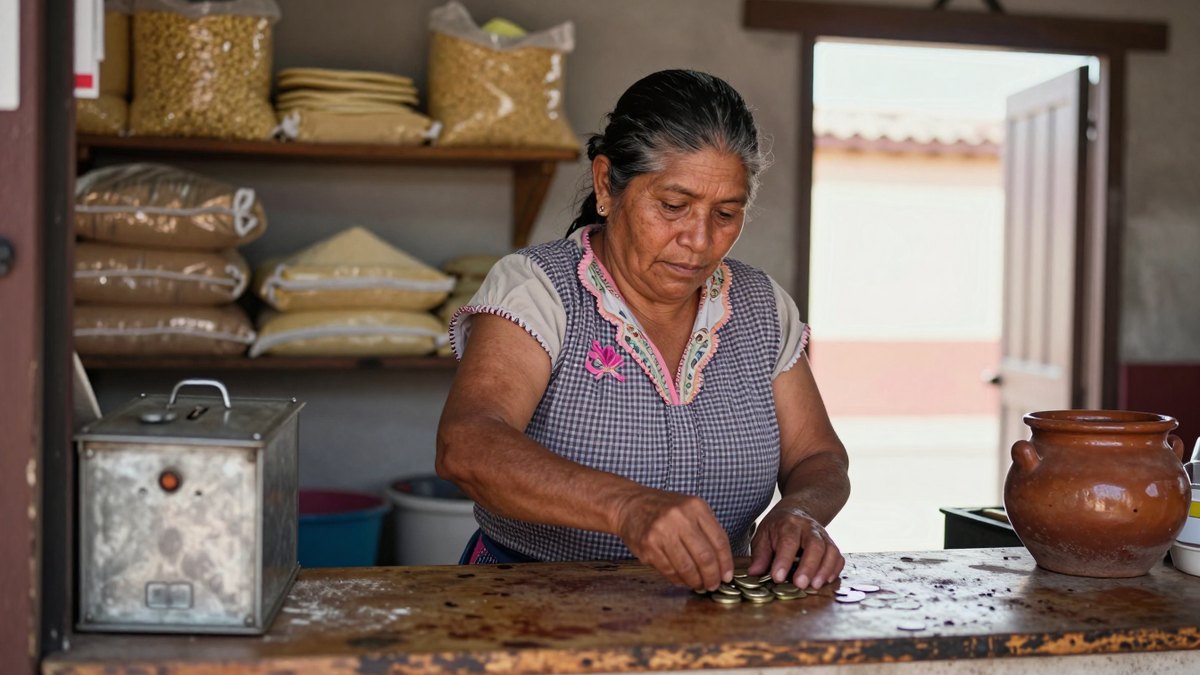 Mujer mexicana de mediana edad cuenta monedas en el mostrador de madera de su tortillería