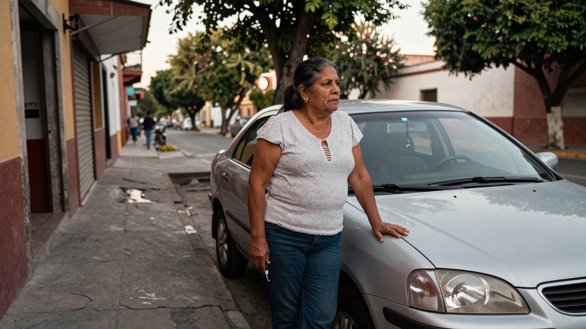 Mujer mexicana junto a su sedán plateado en una calle arbolada, con llaves en la mano