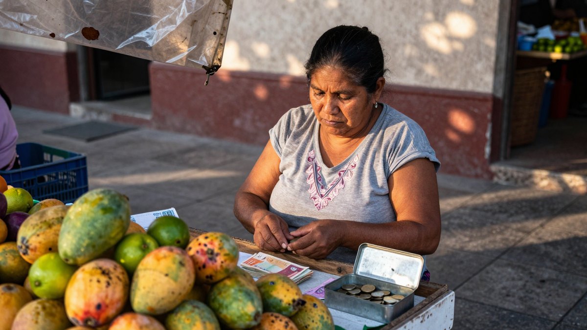 Vendedora de mercado en México cuenta monedas y billetes frente a su puesto de mangos