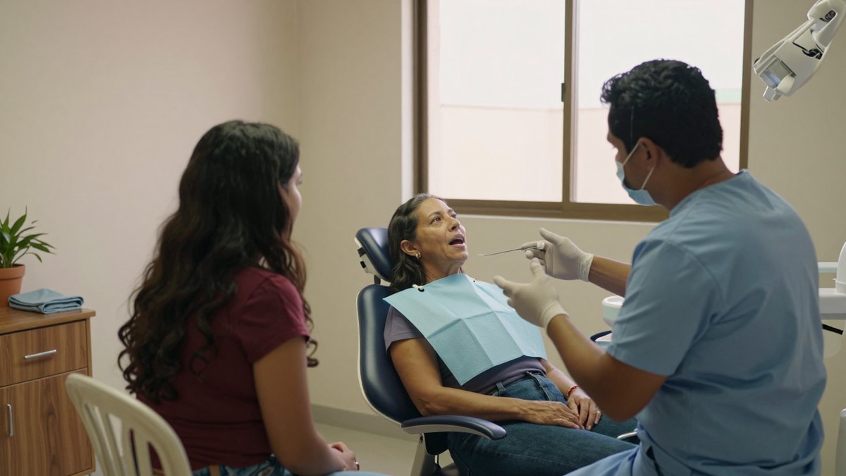 Mujer en sillón dental con su hija a un lado mientras el dentista la revisa