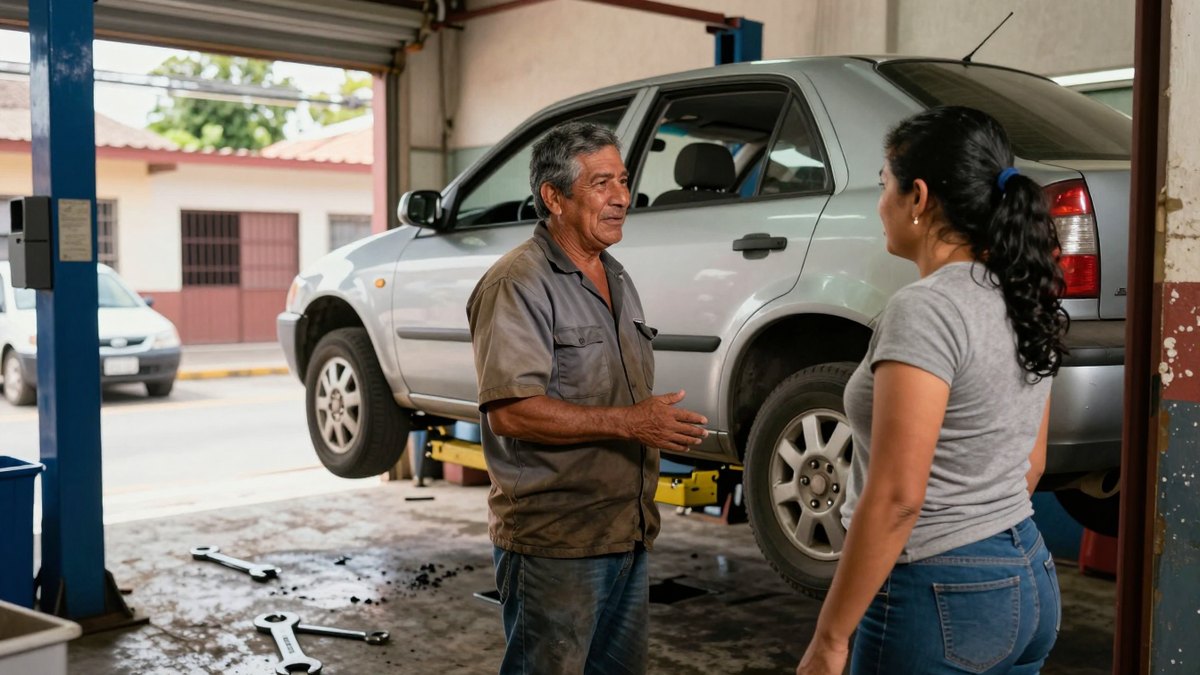 Mecánico mexicano conversa con una clienta junto a un auto plateado elevado en taller de barrio