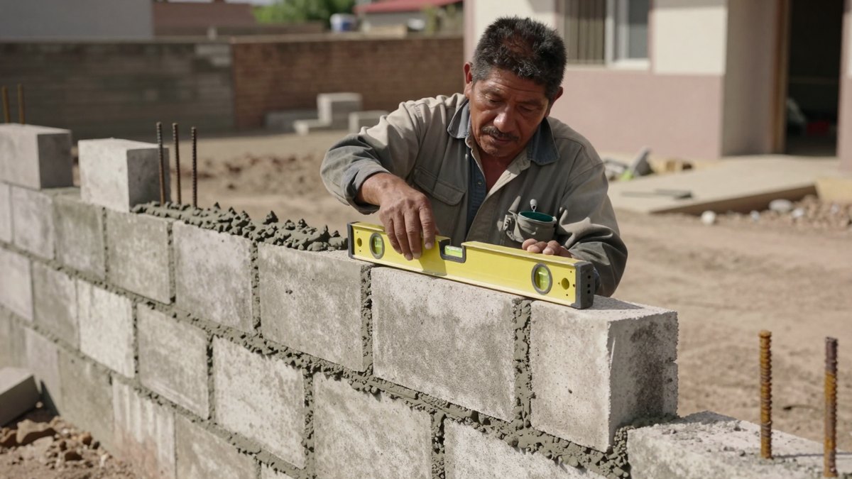 Albañil mexicano revisa con nivel amarillo la hilada superior de una barda de block en un lote