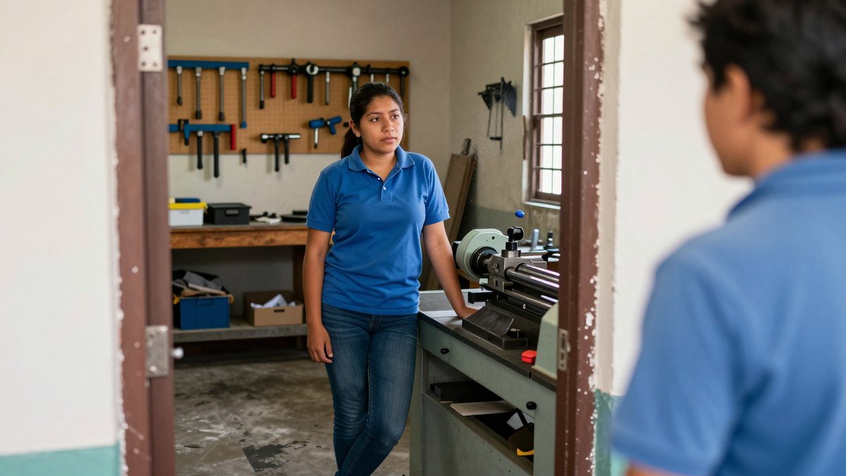 Joven mexicana con polo azul recargada en un torno de taller técnico, atenta al instructor