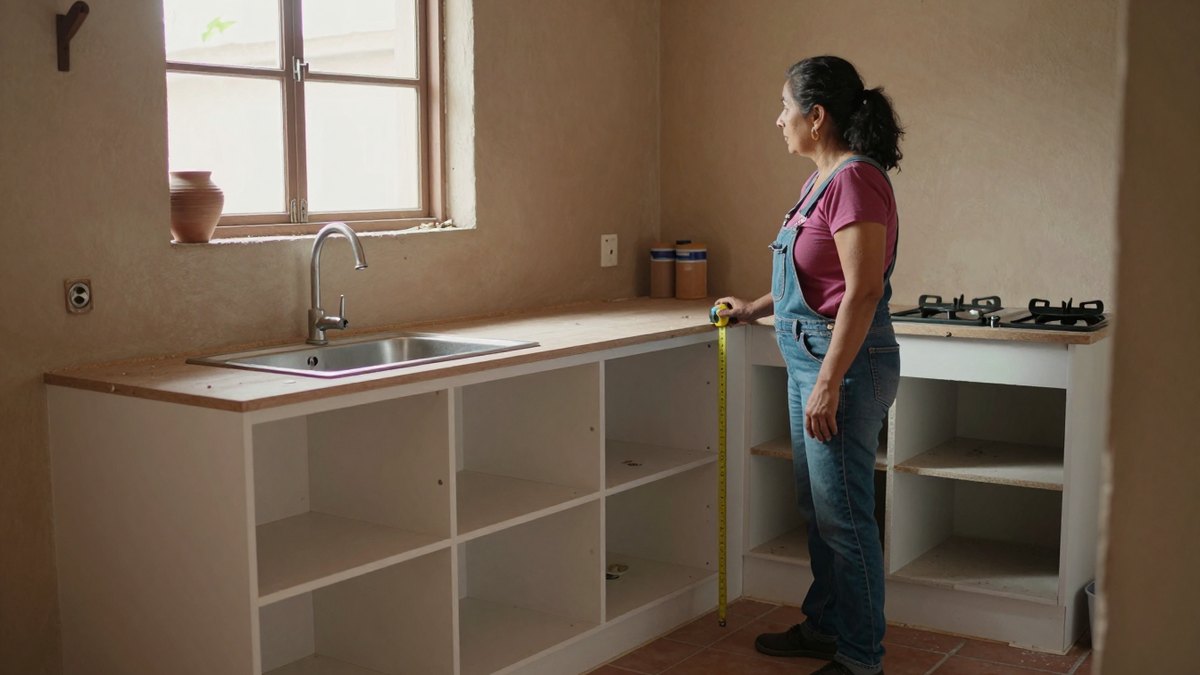 Mujer mide con flexómetro una cocina integral a medio instalar, con gabinetes blancos y piso de barro