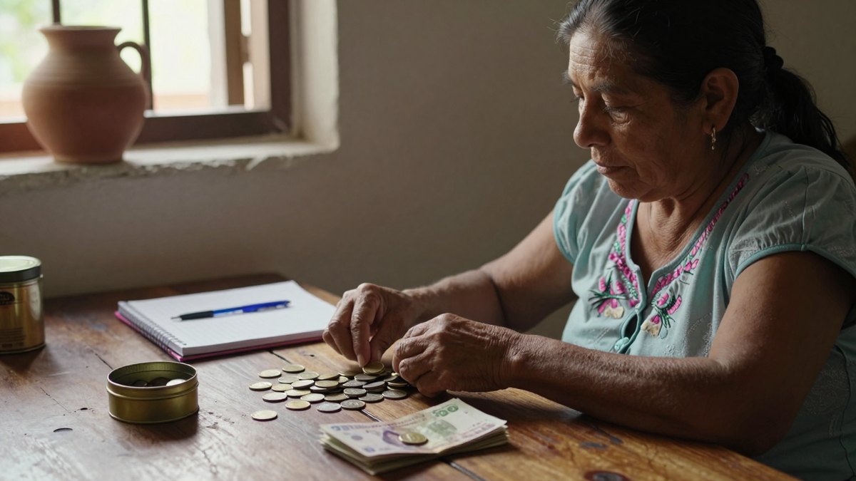 Mujer mexicana con blusa bordada cuenta monedas y billetes en una mesa de madera junto a una libreta