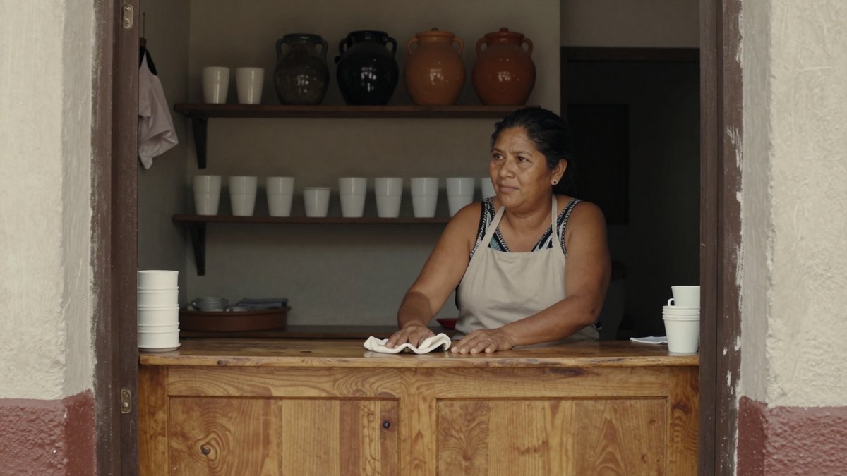 Mujer mexicana con delantal limpia el mostrador de madera de una tiendita de barrio