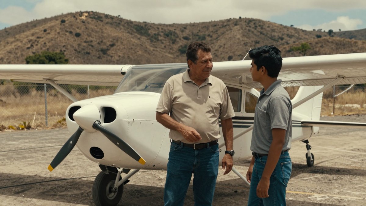 Instructor mexicano conversa con un joven alumno junto a una avioneta blanca en una pista regional