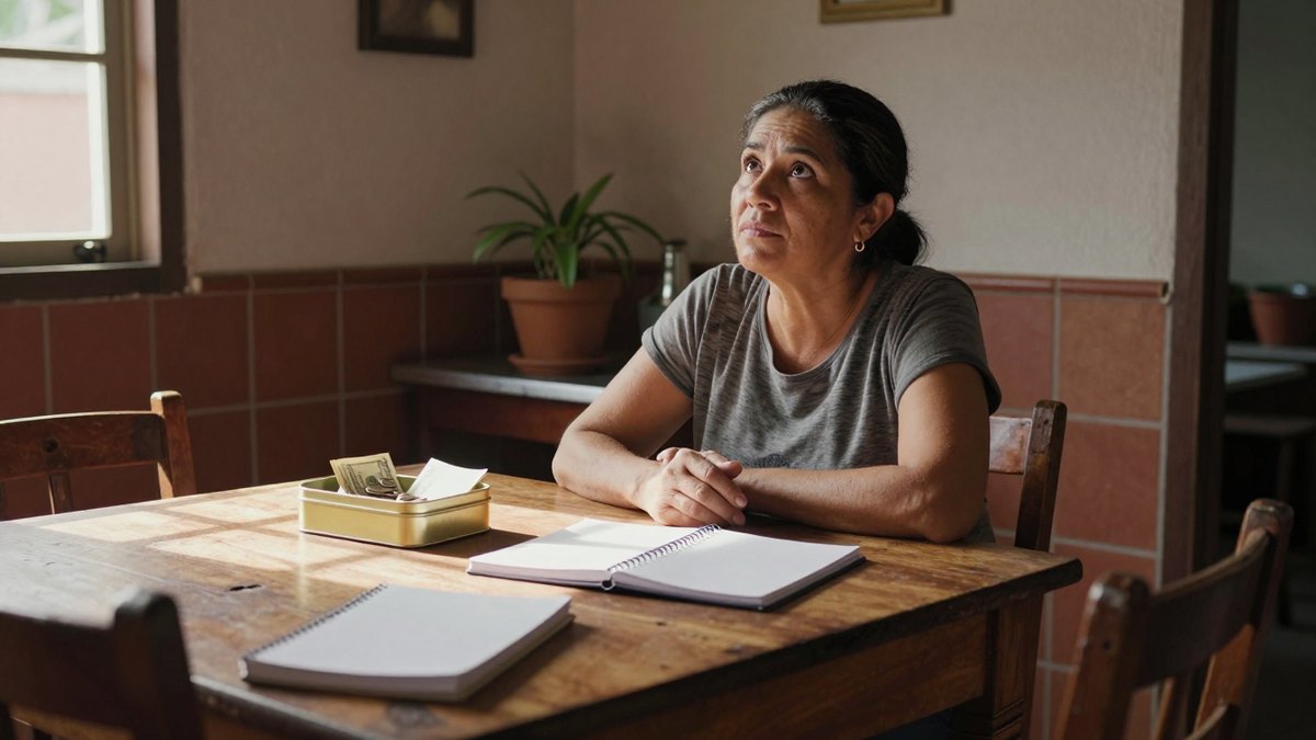 Mujer mexicana pensativa sentada a una mesa de madera con caja de lata y cuaderno