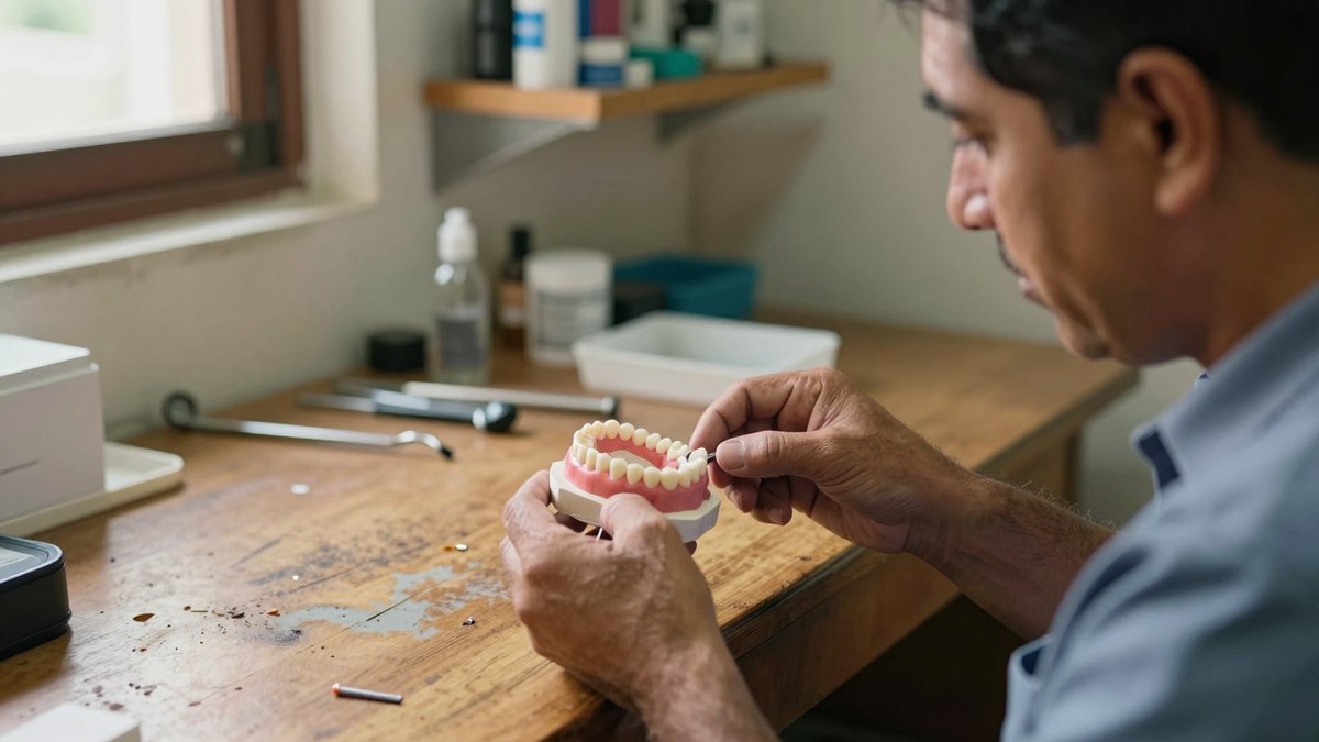 Técnico dental mexicano revisa una prótesis de acrílico rosa sobre molde en su laboratorio