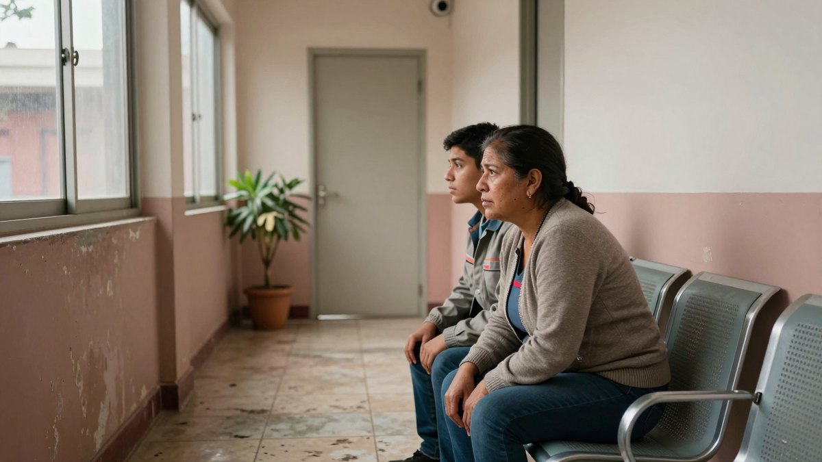 Madre e hijo preocupados esperan sentados en un pasillo de clínica mexicana frente a una puerta cerrada