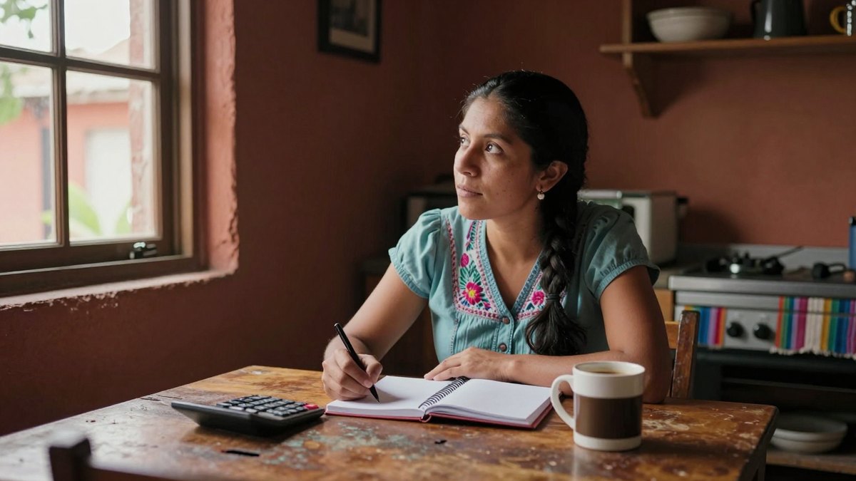 Joven mexicana escribe en una libreta junto a calculadora y taza de café, mirando por la ventana