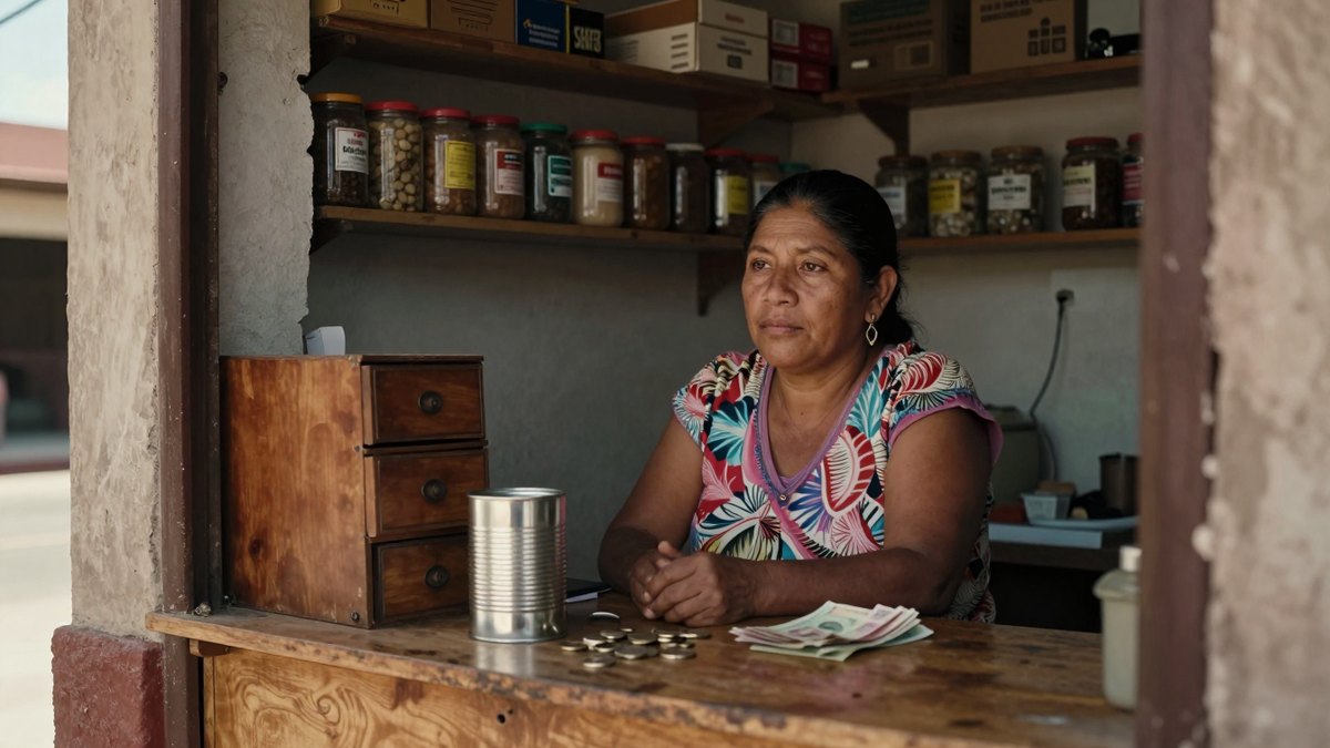 Tendera mexicana sentada tras su mostrador de madera mira hacia la calle, con monedas y billetes junto a una lata