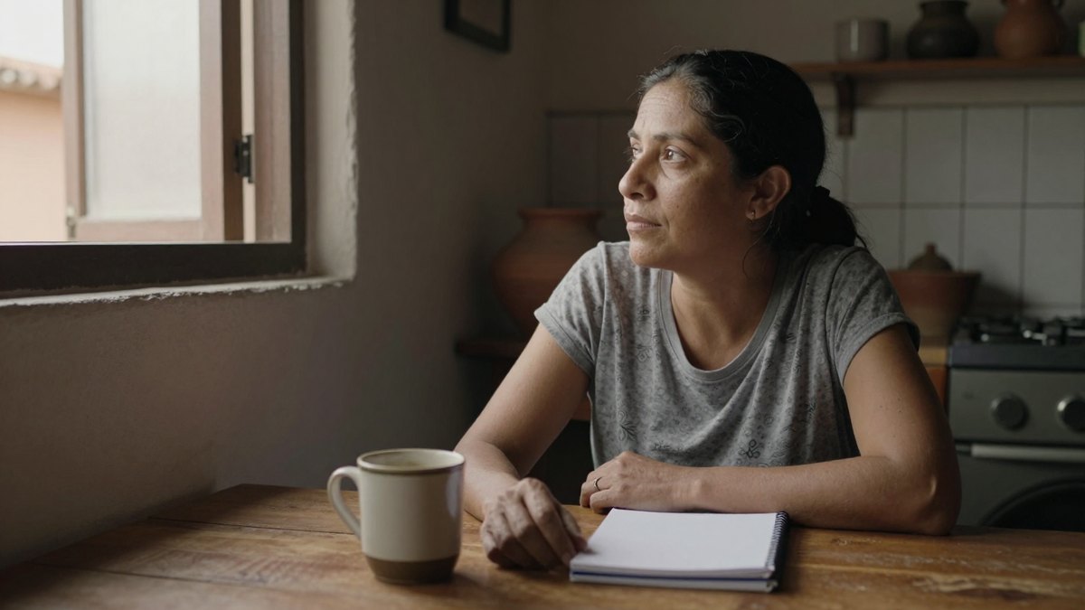 Mujer pensativa mira por la ventana en su cocina, con una taza de café y un cuaderno