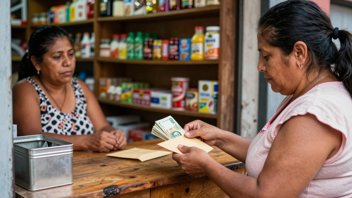 Mujer cuenta billetes para meterlos en un sobre en el mostrador de una tiendita mientras otra espera