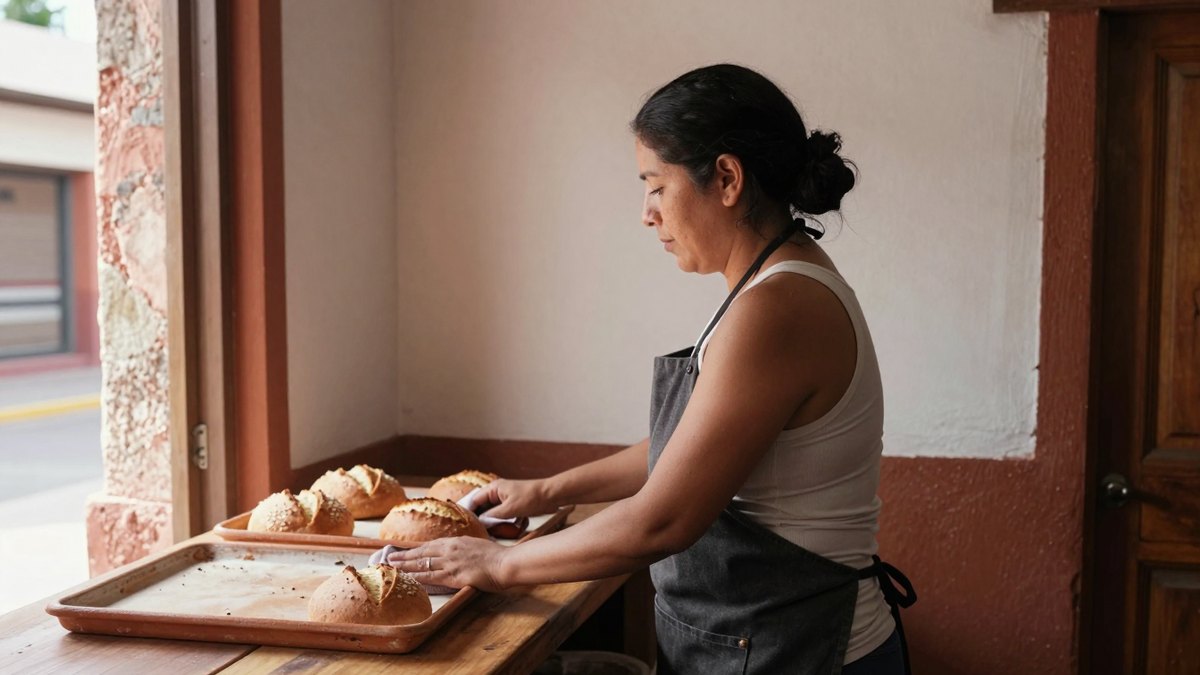 Panadera mexicana de perfil limpia el mostrador de madera junto a charolas de pan recién horneado