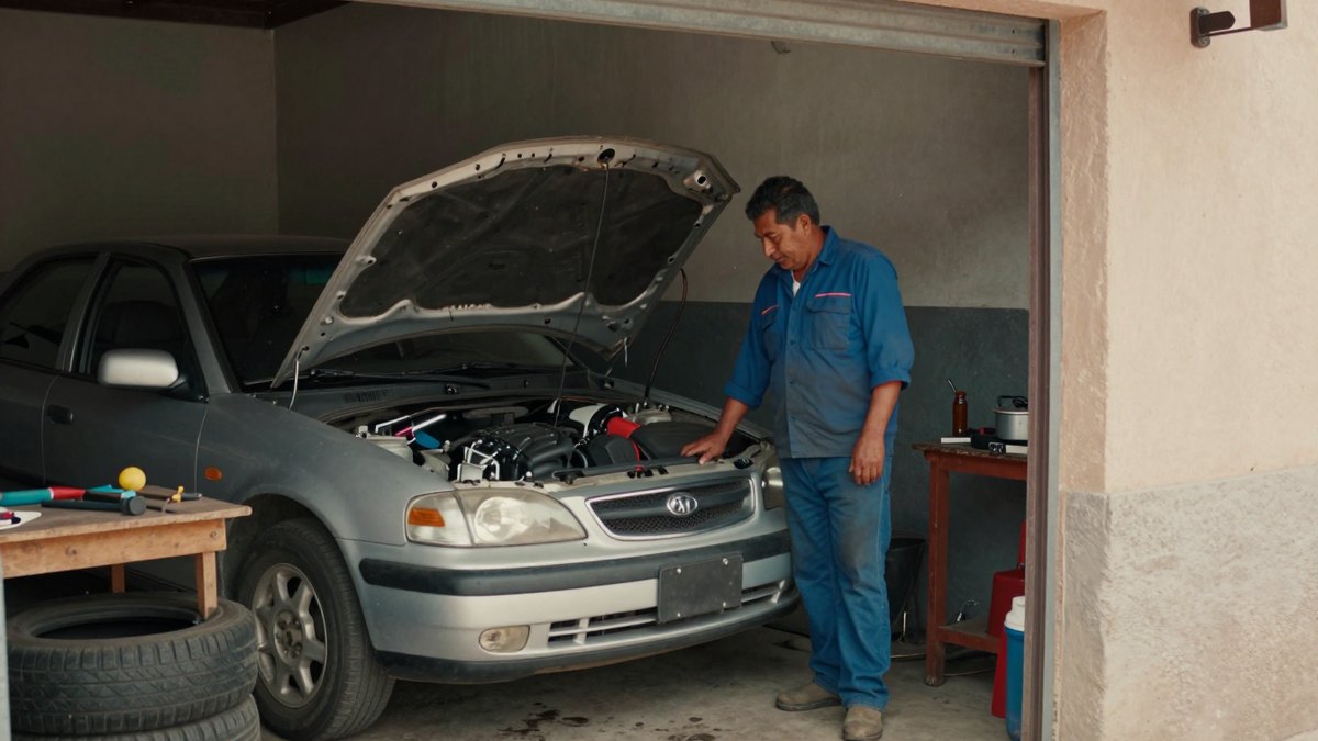 Mecánico mexicano con camisa azul revisa el motor de un sedán plateado en un taller de barrio