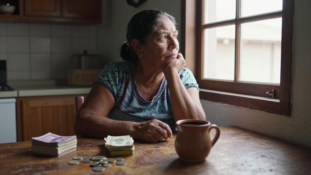 Mujer mexicana pensativa mira por la ventana en su cocina, con billetes, monedas y café sobre la mesa