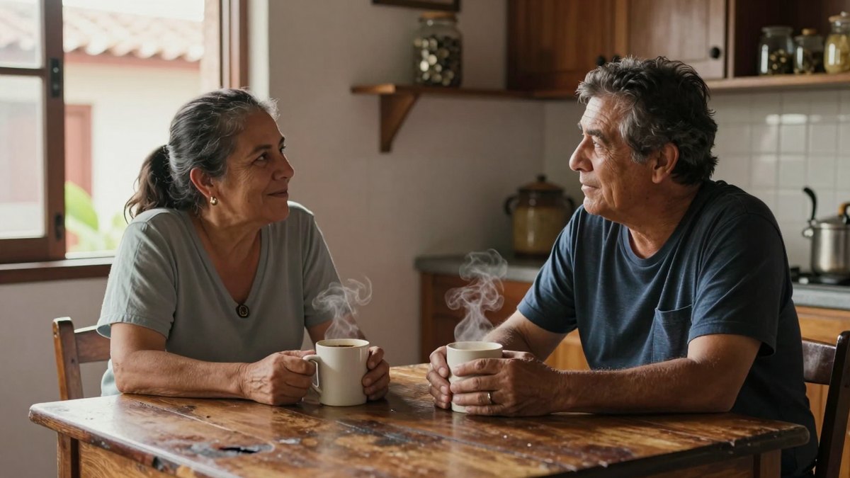 Pareja de mediana edad conversa con calma tomando café en la mesa de su cocina