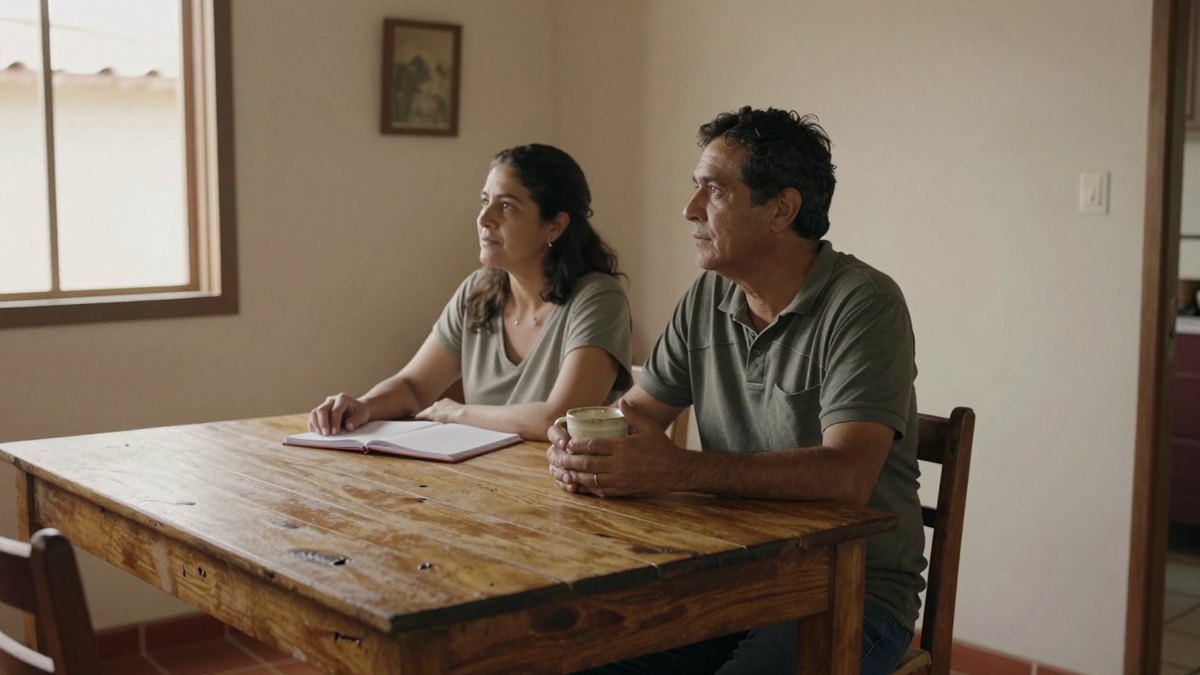 Pareja de cuarenta y tantos años sentada en una mesa de madera en su cocina, pensativa junto a la ventana