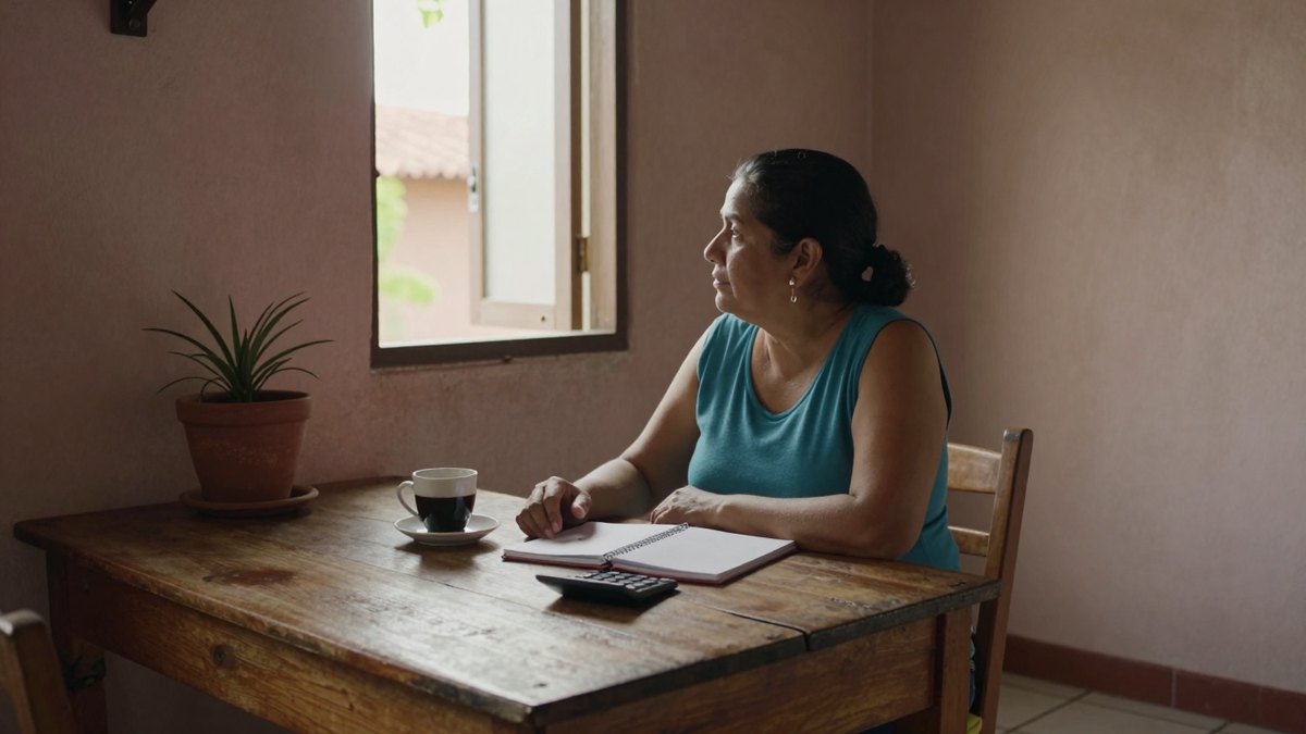 Mujer pensativa mira por la ventana en su cocina, con taza, libreta y calculadora sobre mesa de madera