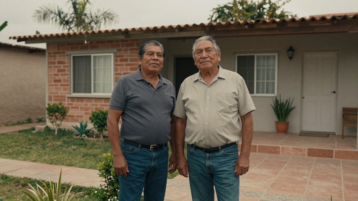 Dos hombres mexicanos de pie frente a su casa de tabique con jardín y terraza