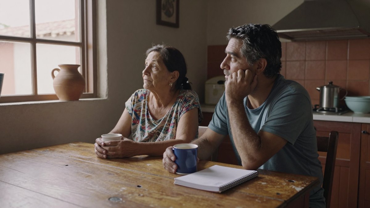 Pareja mayor pensativa en la mesa de madera de su cocina, mirando por la ventana