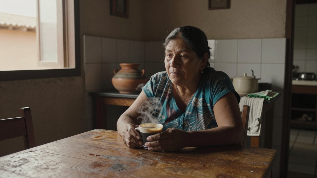 Mujer mexicana de mediana edad pensativa en su cocina sosteniendo una taza de café humeante