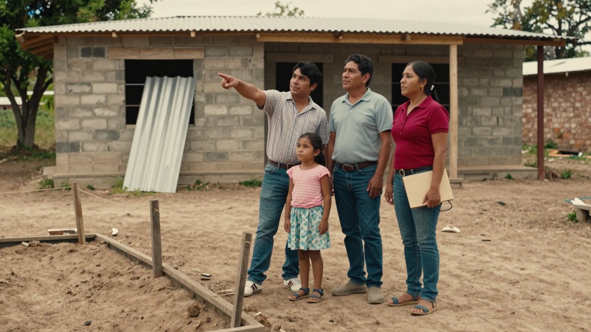 Familia mexicana en su terreno, el papá señala la esquina de la cimentación junto a una casa a medio construir