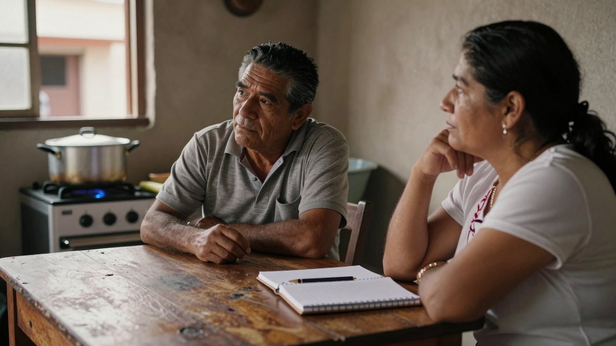 Pareja mexicana de mediana edad sentada a una mesa de madera en su cocina, pensativa y preocupada