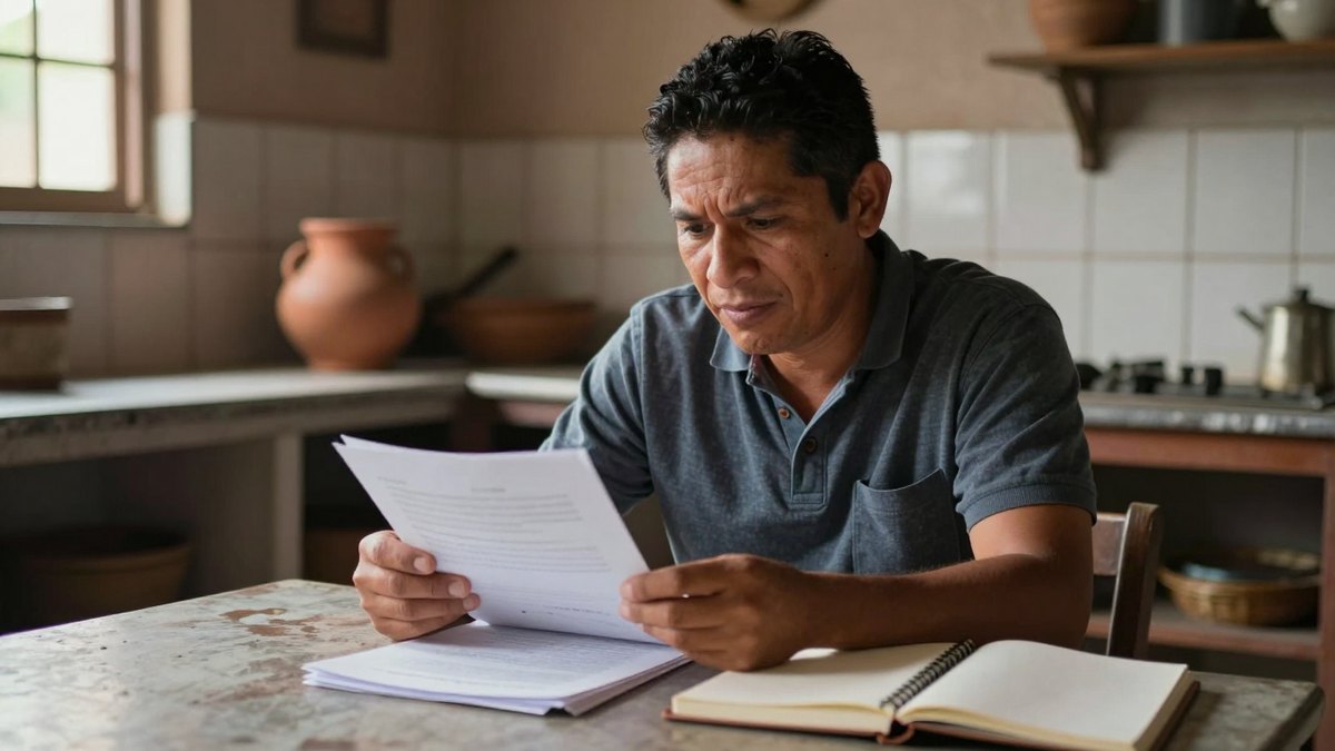 Hombre mexicano revisa papeles en la mesa de su cocina con gesto preocupado