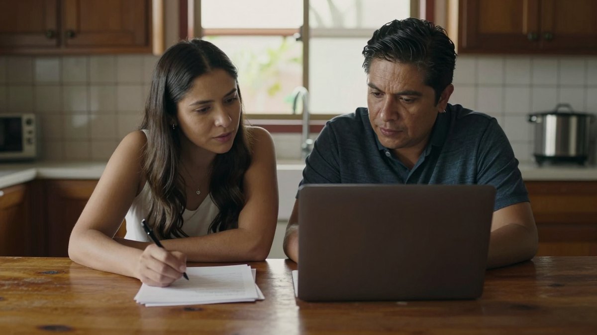 Pareja mexicana sentada en la mesa de madera de la cocina revisando papeles junto a una laptop