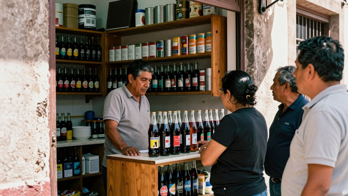 Tendero atiende detrás del mostrador de una abarrotes con refrescos de vidrio y clientes esperando