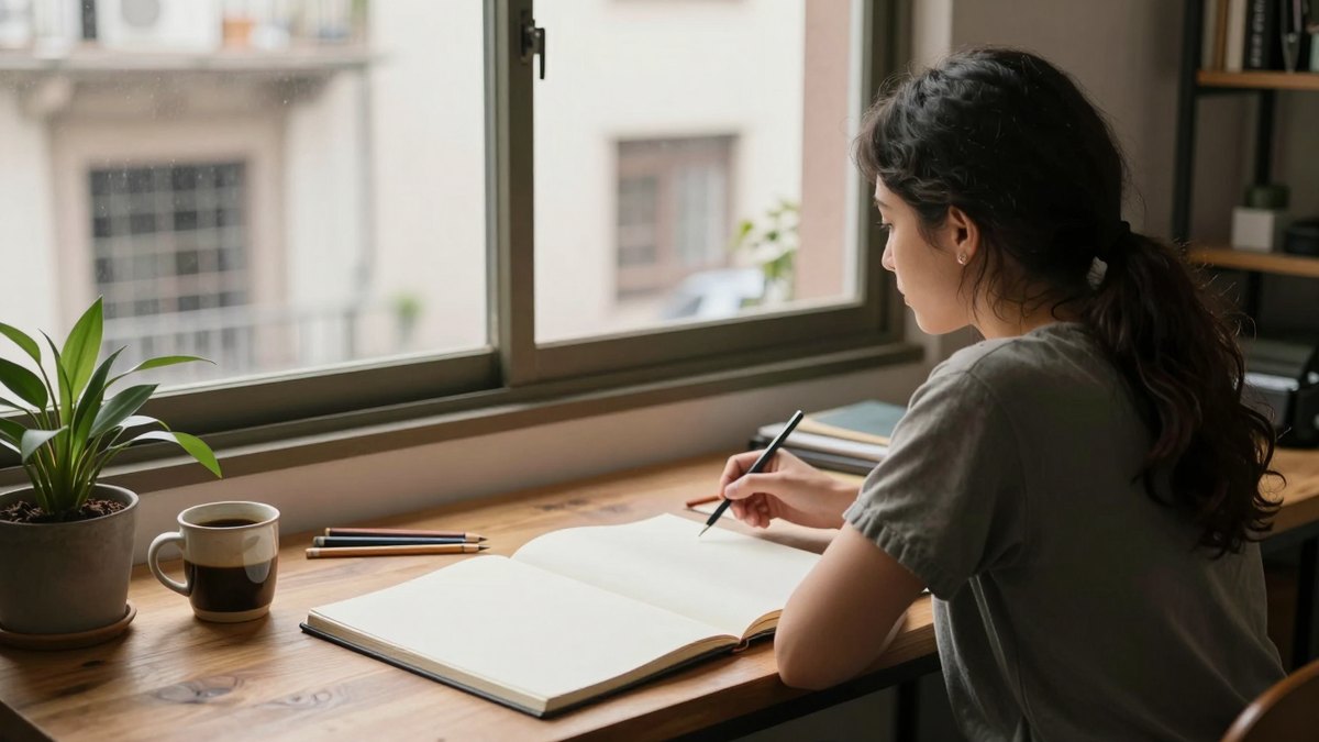 Diseñadora freelance dibuja en un cuaderno en blanco junto a la ventana, con café y planta