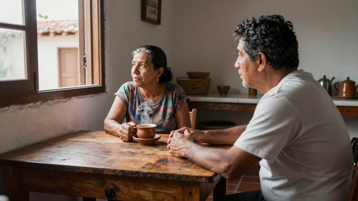 Pareja mexicana de mediana edad en la mesa de madera de su cocina, con café humeante