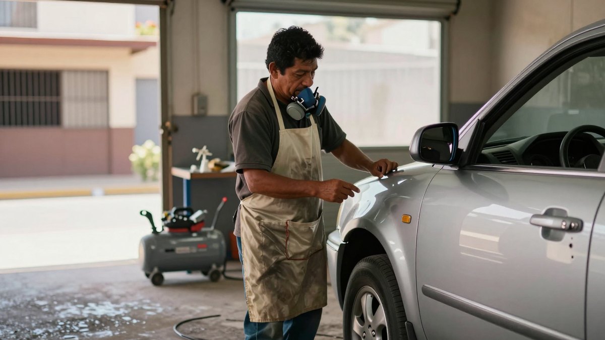 Hojalatero mexicano con delantal y respirador al cuello revisa la salpicadera de un sedán plateado en su taller