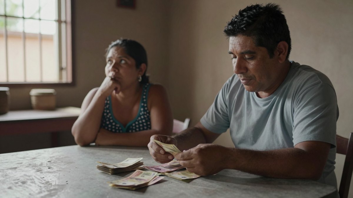 Pareja en la mesa de su cocina: él cuenta billetes en montones y ella mira pensativa por la ventana