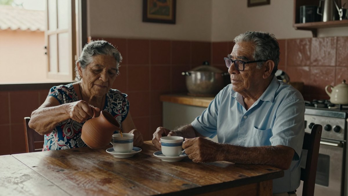 Pareja mexicana de jubilados toma café en una cocina modesta con mesa de madera y azulejos terracota