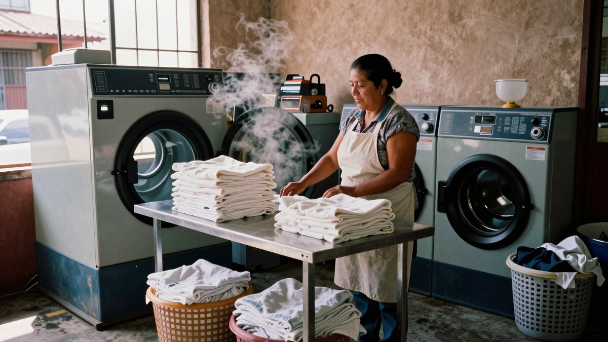 Dueña de lavandería mexicana con delantal acomoda ropa blanca doblada sobre mesa de acero junto a lavadoras industriales