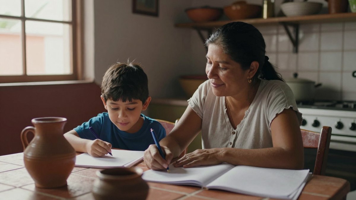 Madre mexicana sonríe mientras su hijo hace la tarea en la mesa de la cocina