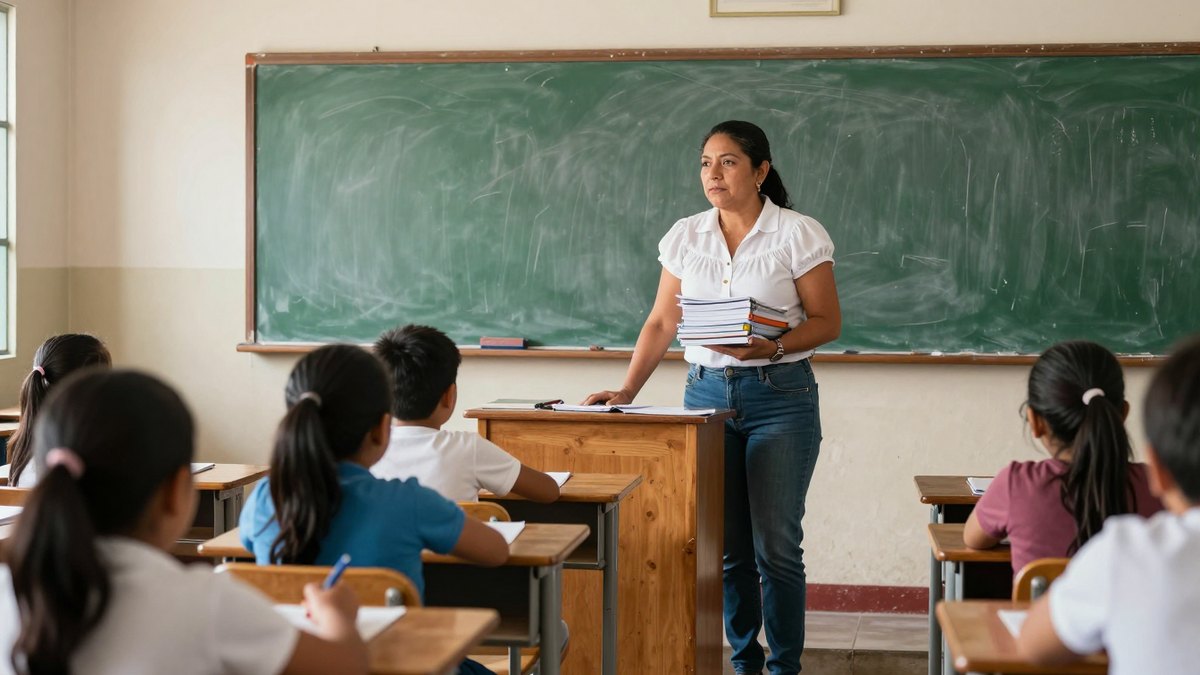 Maestra mexicana de primaria con una pila de cuadernos de pie frente al pizarrón verde del salón