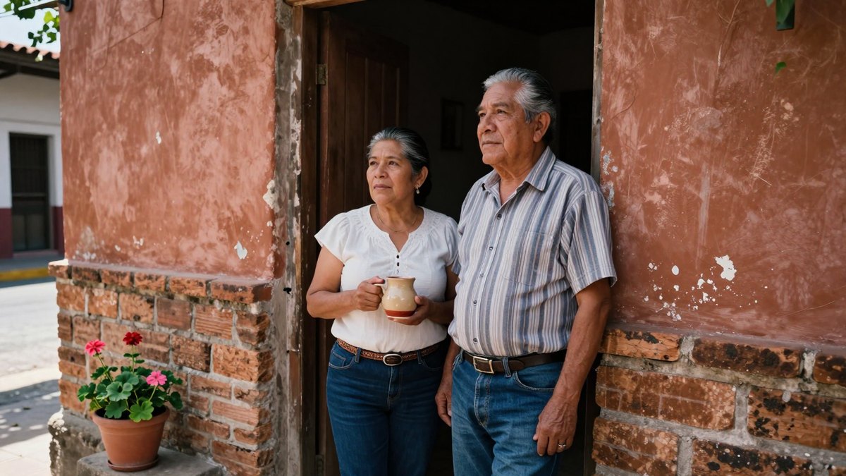 Pareja mexicana mayor en la puerta de su casa de ladrillo, con taza de barro y geranio