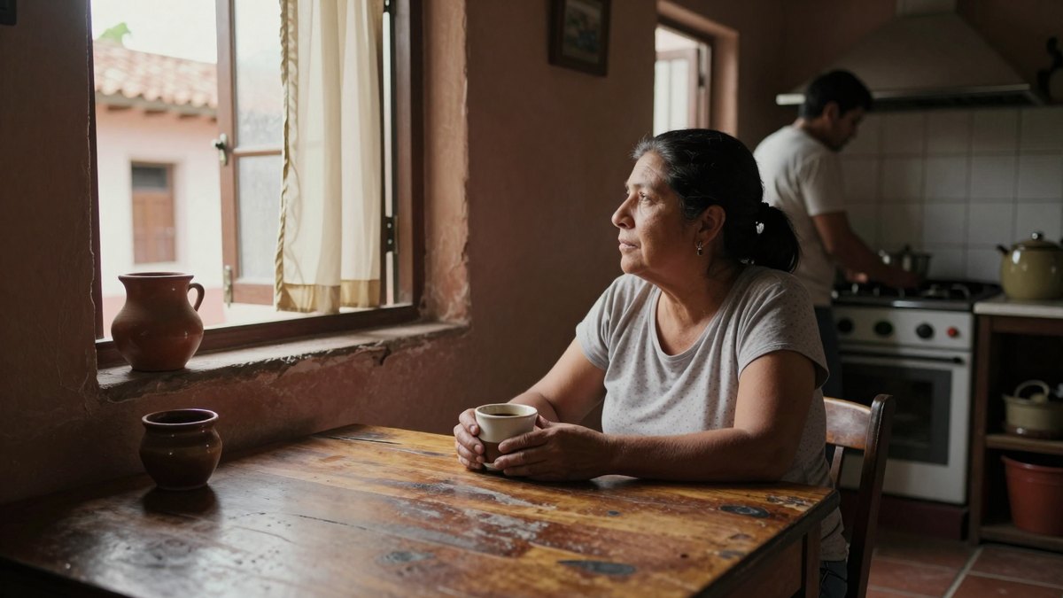 Mujer pensativa con una taza de café en la mesa de madera de su cocina en Morelos