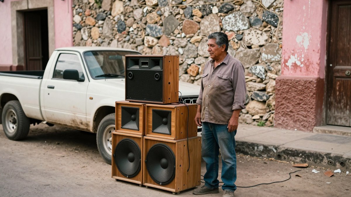 Músico DJ de camisa gastada junto a sus bocinas de madera hechas a mano en una calle de tierra