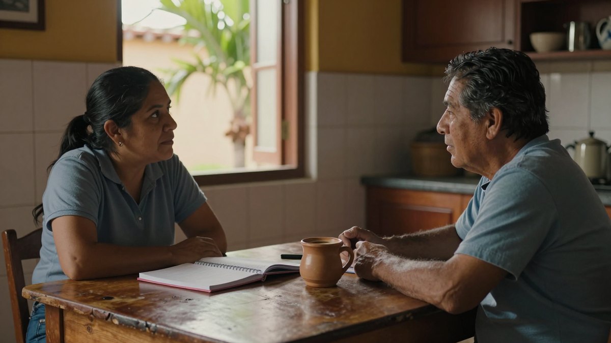 Pareja mexicana conversa seriamente en una mesa de madera de su cocina, con cuaderno y taza