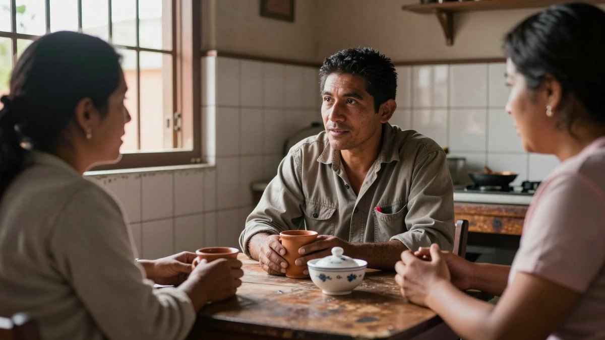 Hombre con camisa de trabajo conversa con dos mujeres en una cocina mexicana sencilla