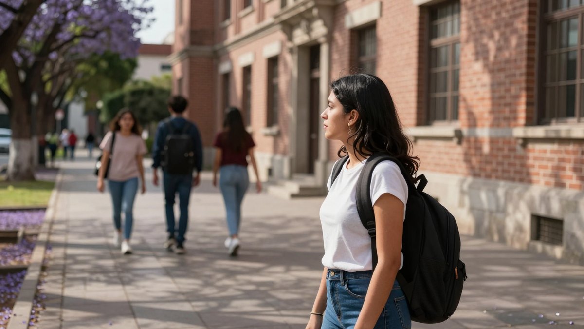 Joven universitaria mexicana con mochila mira un edificio de ladrillo en el campus entre jacarandas